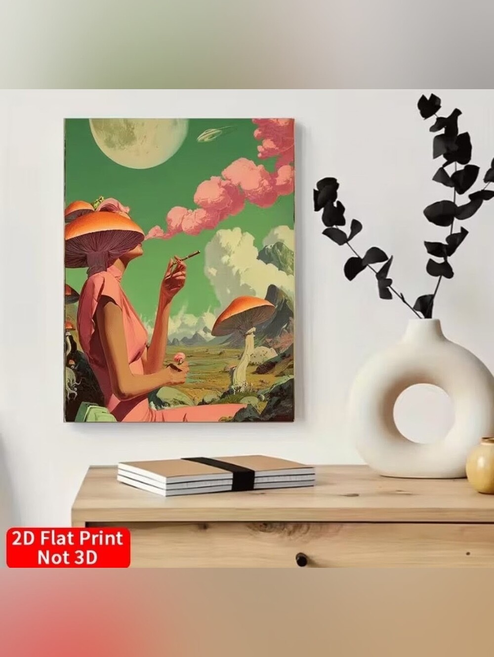Surreal Mushroom Landscape Wall Art Print - Green & Coral